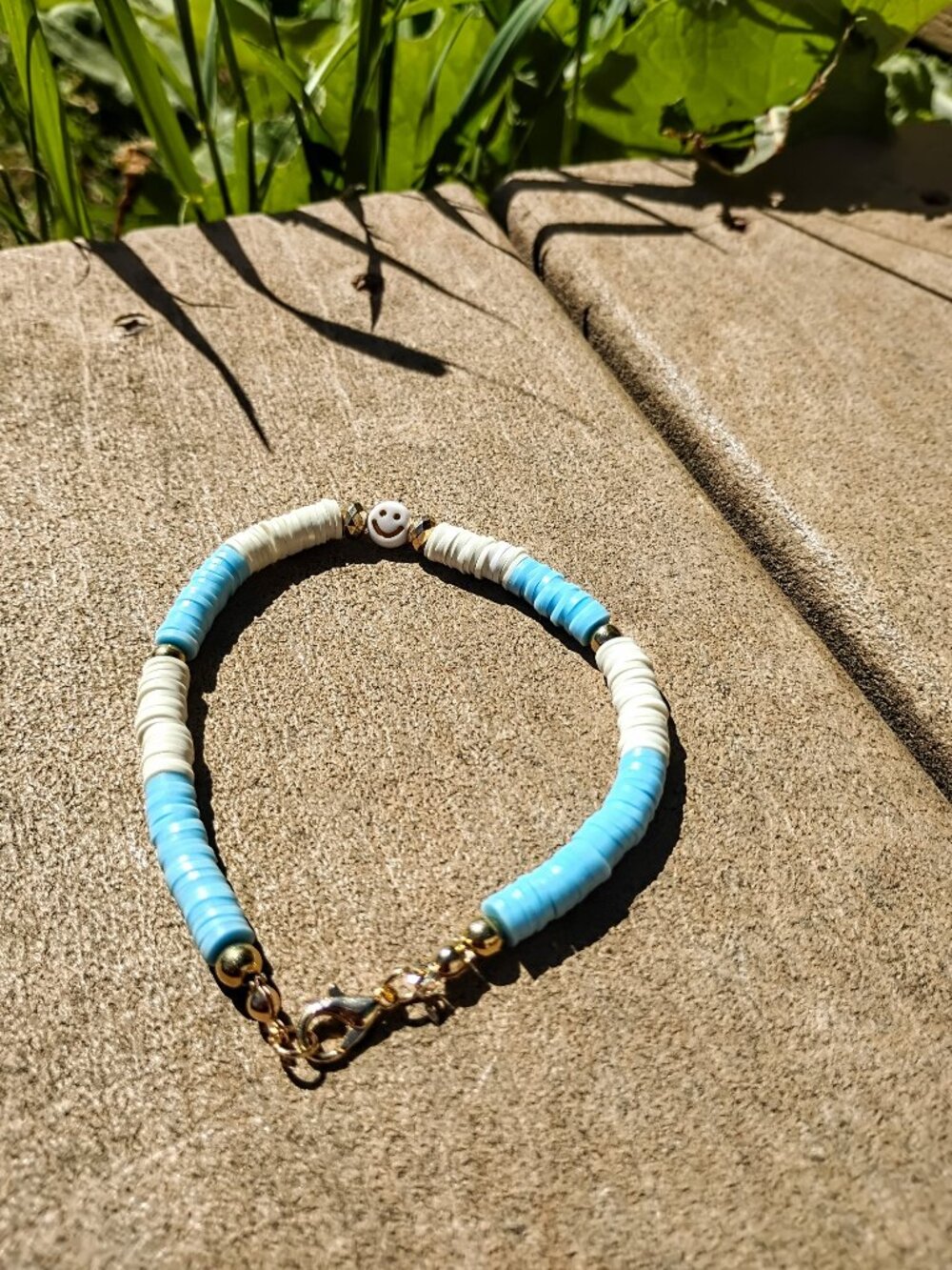 Handmade Women's Heishi Clay Bead Bracelet/Ankle Bracelet Baby Blue & Off White
